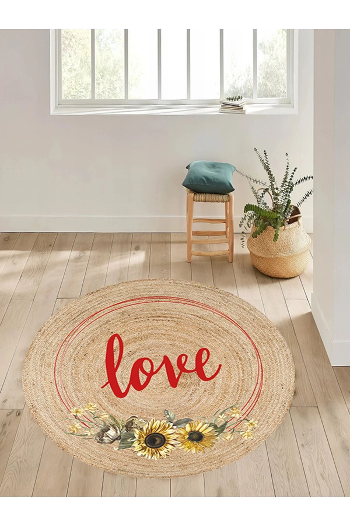 Boho 911 Jüt Doğa İplik İle Üretilmiş Love Desenli Yuvarlak Natural Renk Çift Taraflı Halı üst görünümü.