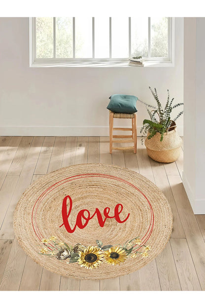 Boho 911 Jüt Doğa İplik İle Üretilmiş Love Desenli Yuvarlak Natural Renk Çift Taraflı Halı üst görünümü.