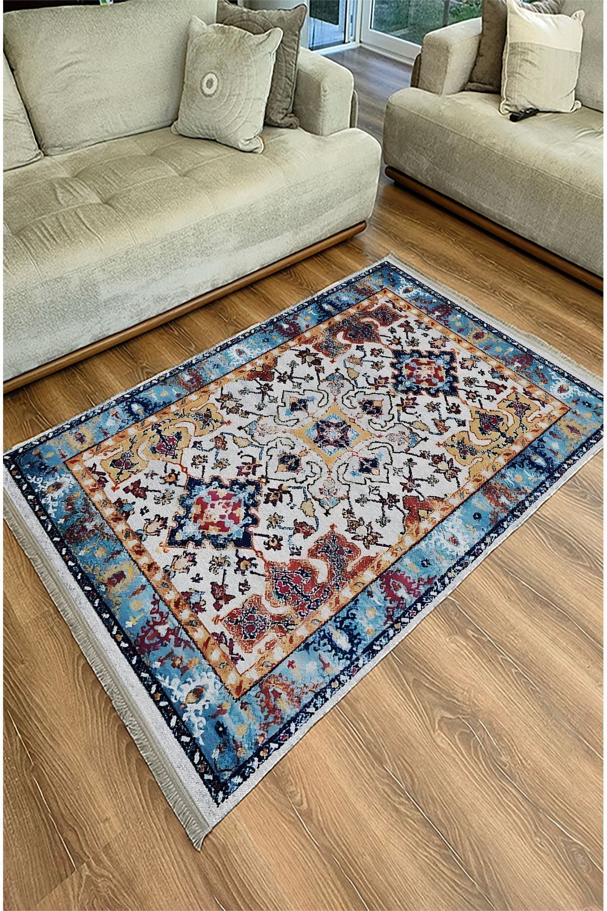 Halı Vagonu Halı 100 Mavi Tonlarında Klasık Dekoratif Halı Salon Halısı Saçaklı Yıkanabilen Halı