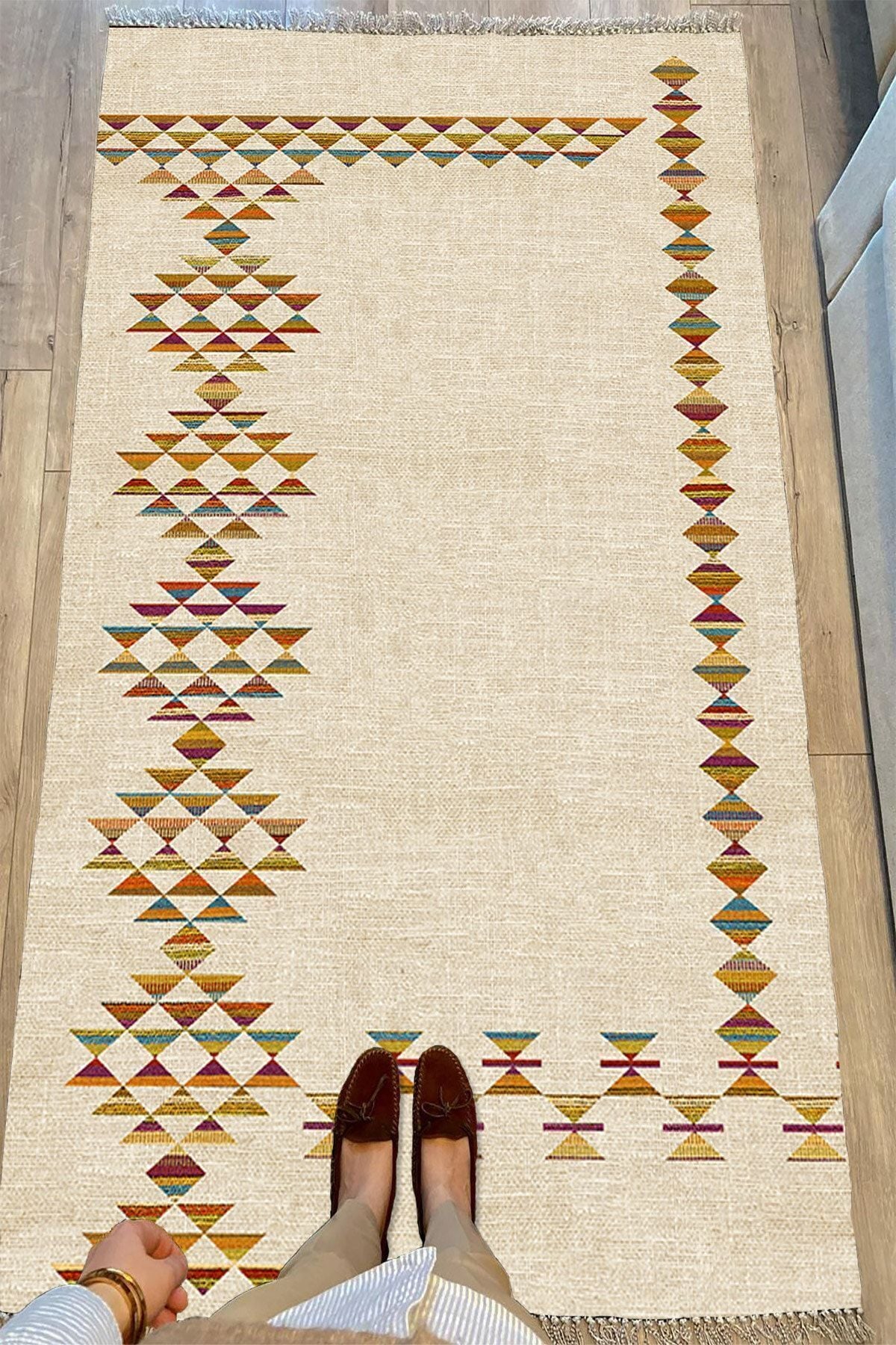Cotton Serisi Multy Tonlarında Hasır Görünümlü Geometrik Eskitme Desen Dekoratif Dokuma Taban Kilim