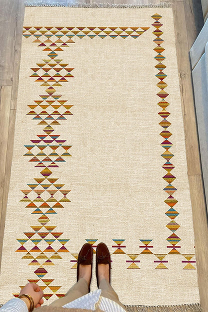 Cotton Serisi Multy Tonlarında Hasır Görünümlü Geometrik Eskitme Desen Dekoratif Dokuma Taban Kilim