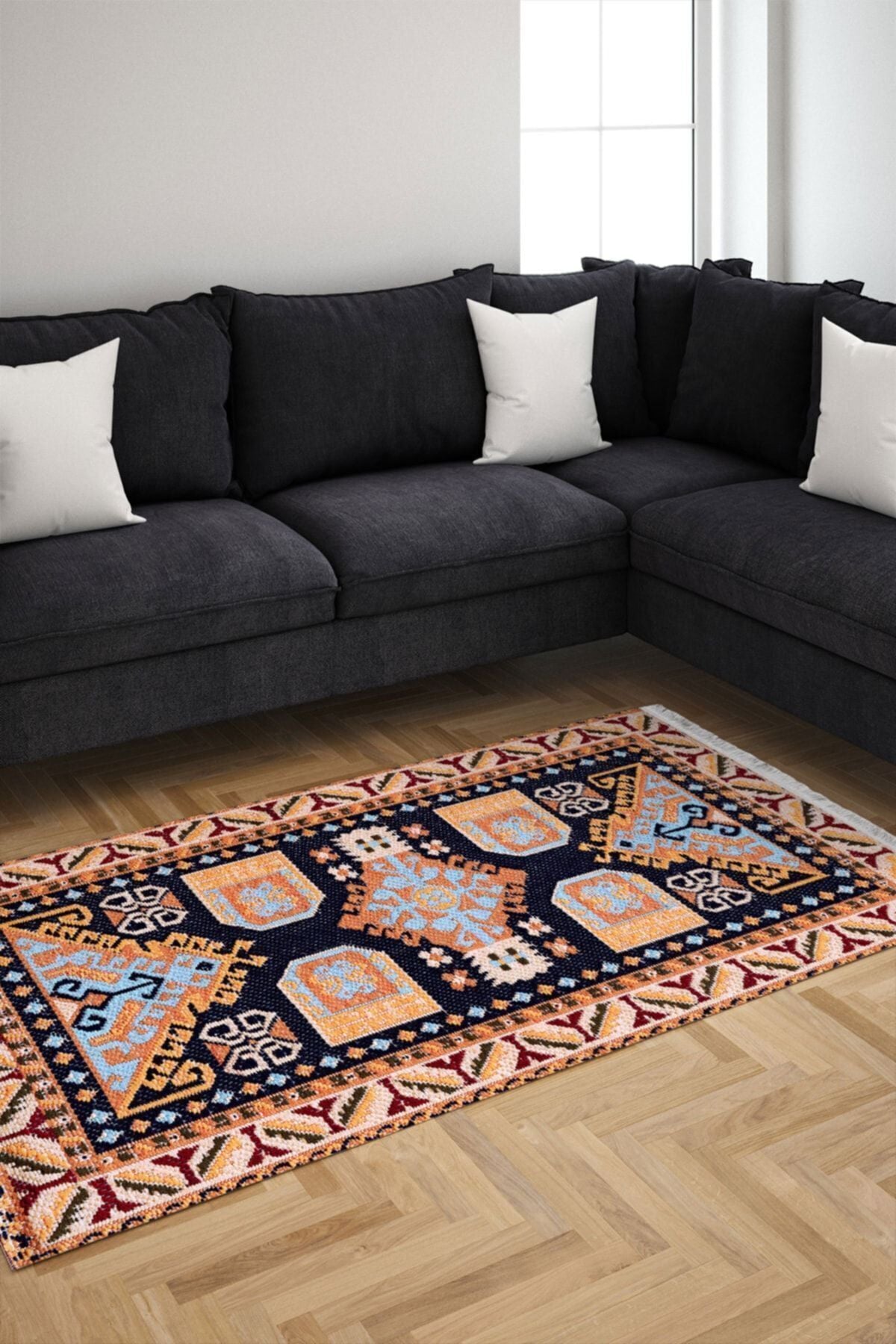 Halı Vagonu Serisi Renkli Kareli Multy Desen Kaymaz Taban Şönil Halı