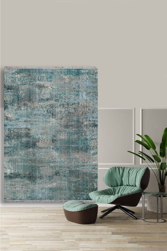 Halı Vagonu 2014 Turkuaz Tonunda Modern Desen Kaymaz Taban Dekoratif Halı