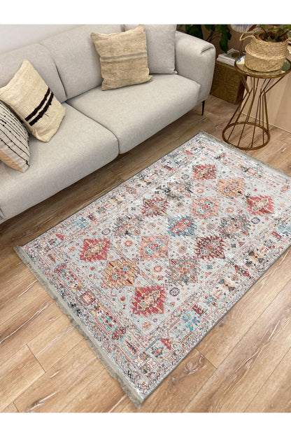 Mars 2164 Krem Tonlarında Eskitme Desen Kaymaz Taban Dekoratif Halı