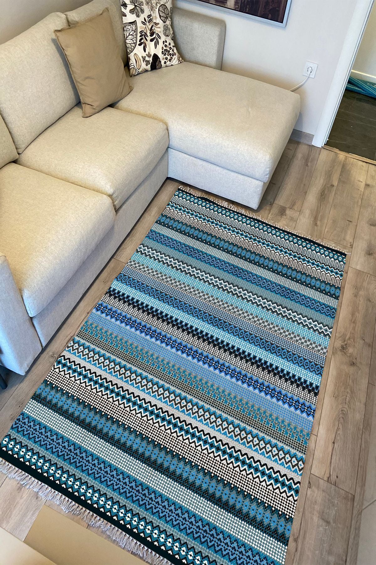 Cotton Kilim 6 Mavi Tonunda Geometrik Desenli Dekoratif Yıkanabilen Dokuma Taban Kilim