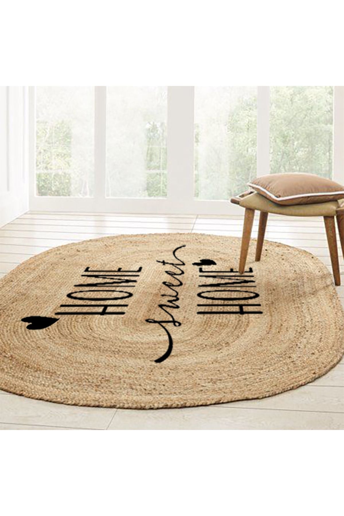 Boho 945 Home Sweet Home Temalı Etnik Desenli Oval Jüt Örme Doğal Hasır Kilim Daire Halı