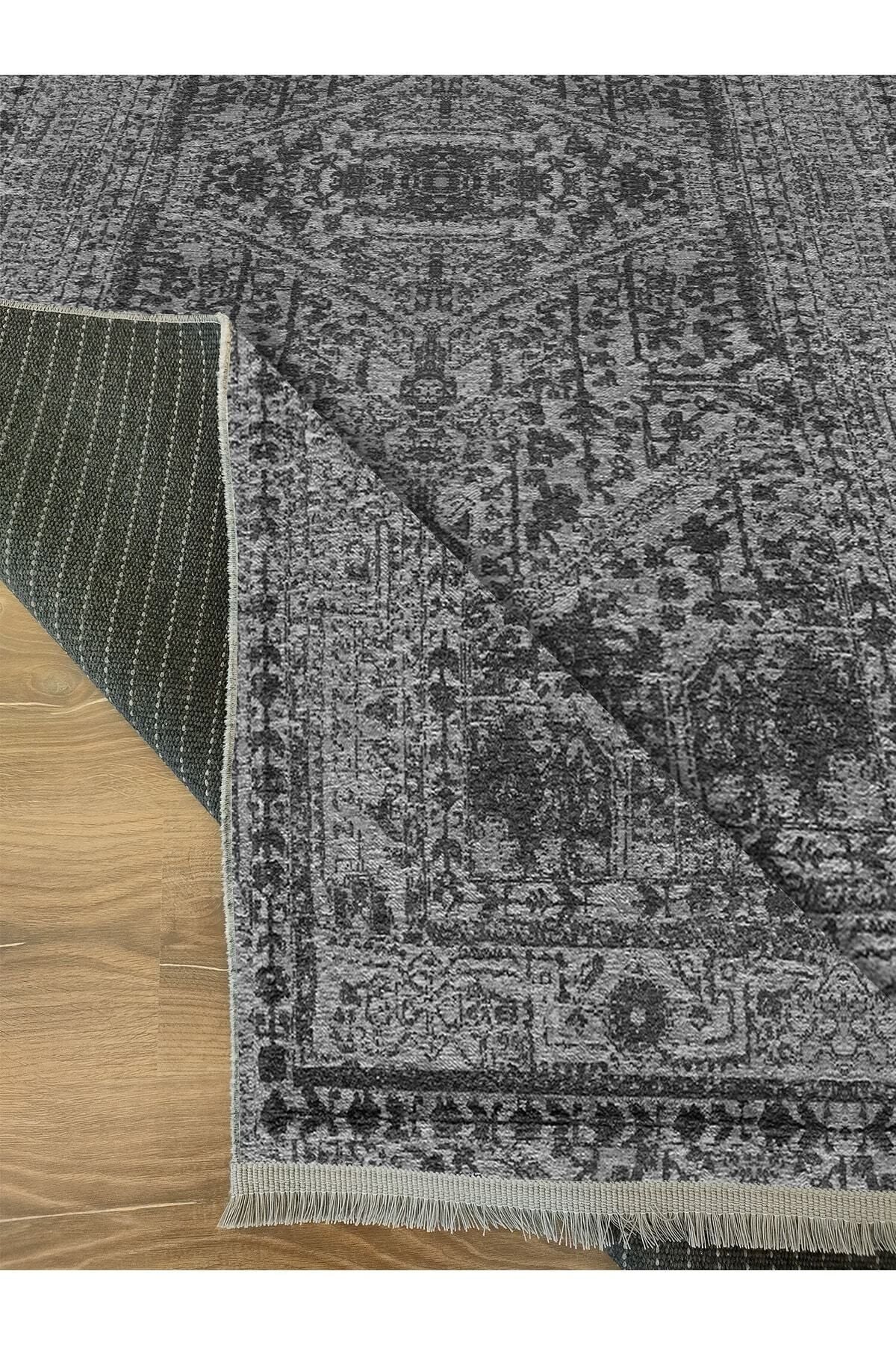 Halı Vagonu Serisi Gri Tonlarında Eskitme Antika Desen Kaymaz Taban Şönil Halı