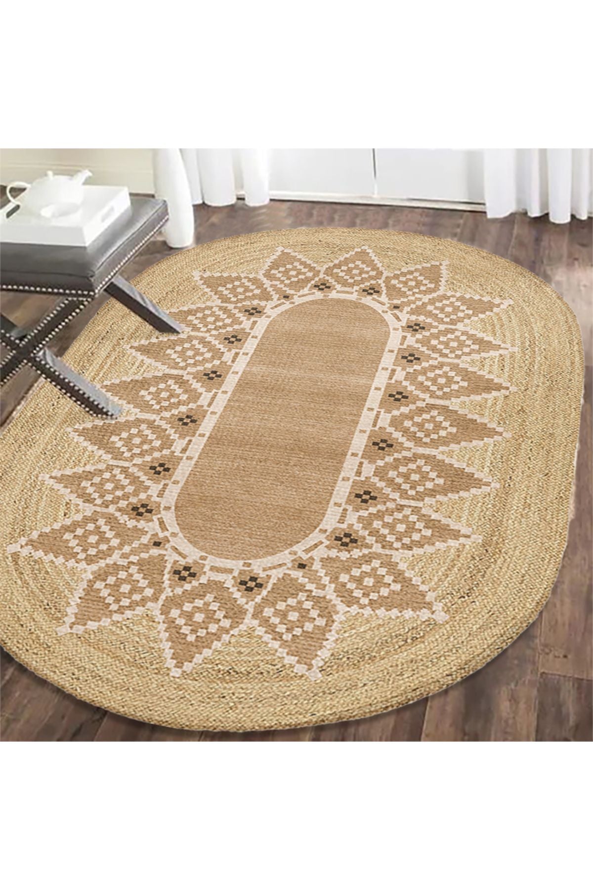 Boho 980 Jüt Hasır Etnik Desenli Oval Jüt Örme Doğal Hasır Natural Oval Halı
