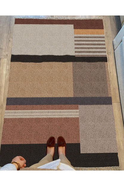 Cotton Serisi Kahve Tonlarında Geometrik Tüylü Görünümlü Modern Desen Dekoratif Dokuma Taban Kilim