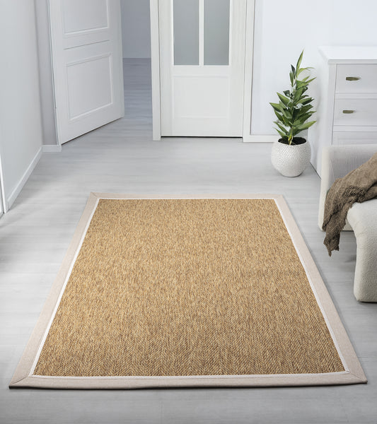 Çift Renk Kumaş Bordürlü Balık Sırtı Desenli Krem Bej Sisal Halı - El Yapımı, Evcil Hayvan Dostu - HVHB03