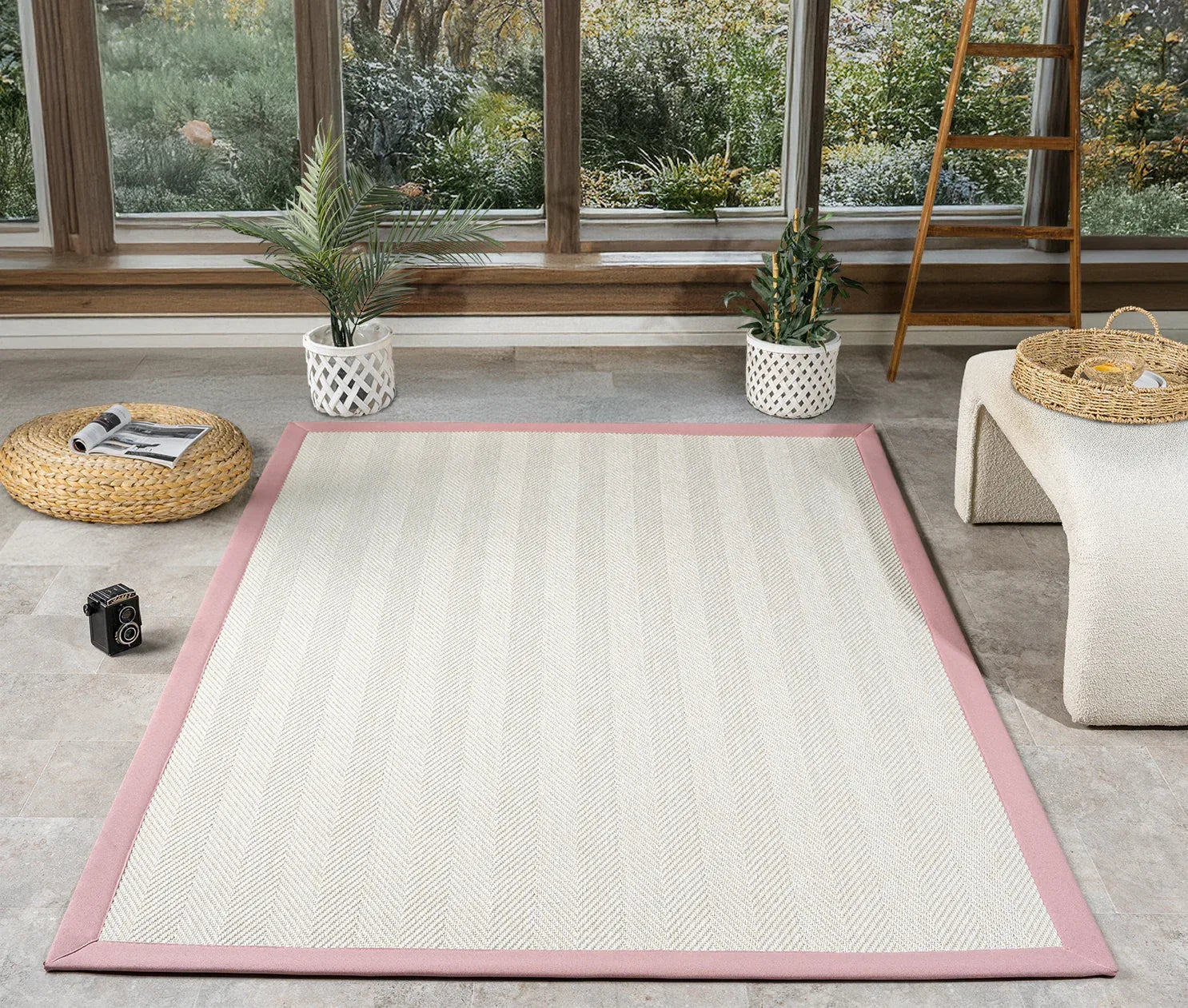 Pembe Kumaş Bordürlü Krem Balık Sırtı Sisal Halı, El Yapımı, Dayanıklı, Evcil Hayvan Dostu - HVHB13 - HALI VAGONU