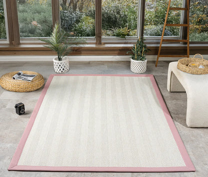 Pembe Kumaş Bordürlü Krem Balık Sırtı Sisal Halı, El Yapımı, Dayanıklı, Evcil Hayvan Dostu - HVHB13 - HALI VAGONU