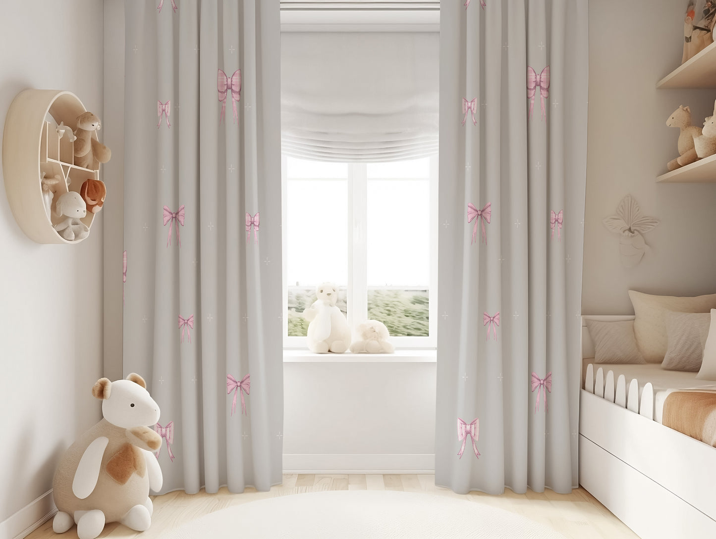 Halı Vagonu J424 Gri Zemin Pembe Fiyonklu Çocuk Odası Kadife Kumaş Fon Perde, şık ve modern tasarımıyla çocuk odası dekorasyonu için ideal bir seçenek. Çocuk odası fon perde olarak kullanılmak üzere özel olarak tasarlanmıştır.