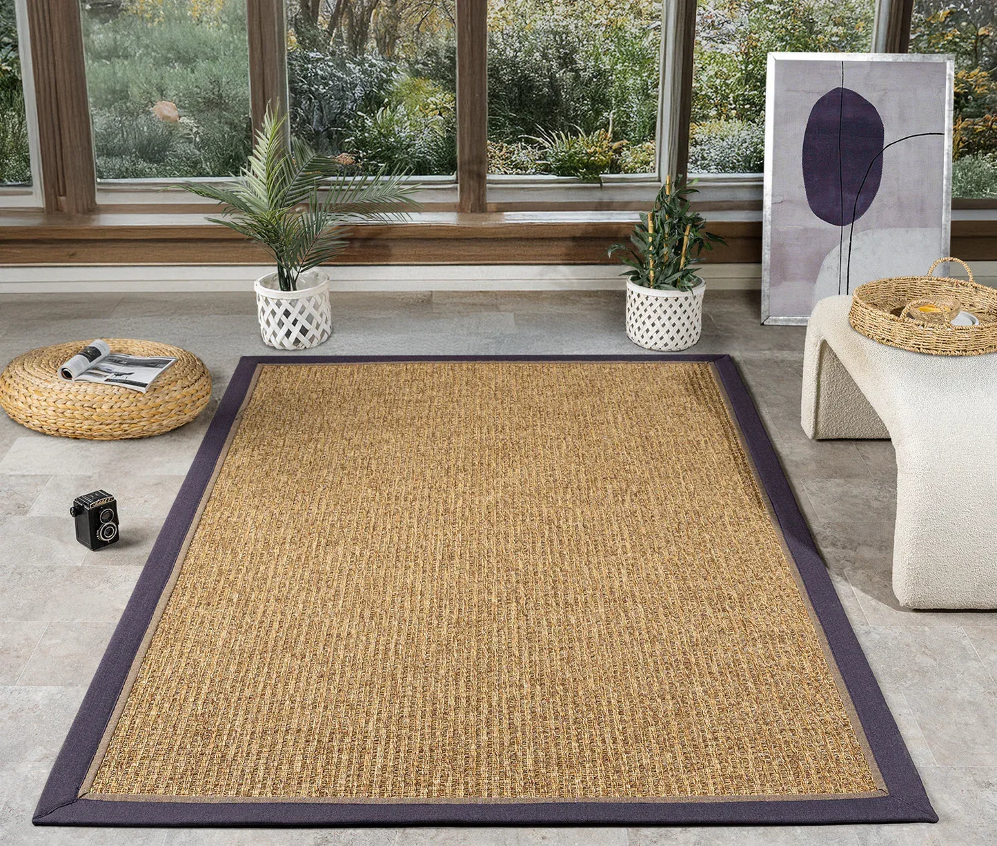 Mor Kahve Çift Renk Kumaş Bordürlü Sisal Halı - El Yapımı, Dayanıklı, Evcil Hayvan Dostu, Modern Tasarım - HVHB18 - HALI VAGONU