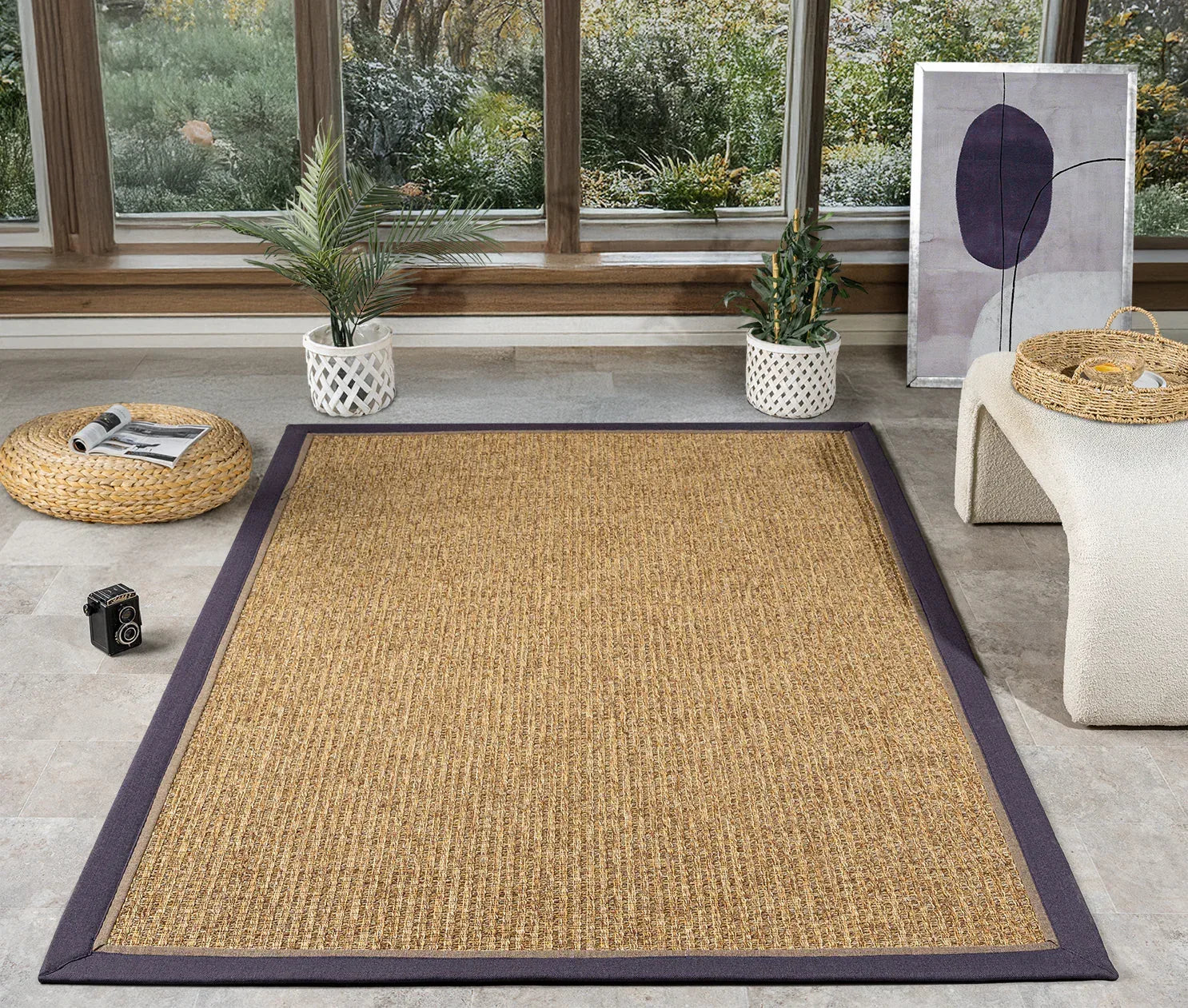 Mor Kahve Çift Renk Kumaş Bordürlü Sisal Halı - El Yapımı, Dayanıklı, Evcil Hayvan Dostu, Modern Tasarım - HVHB18 - HALI VAGONU