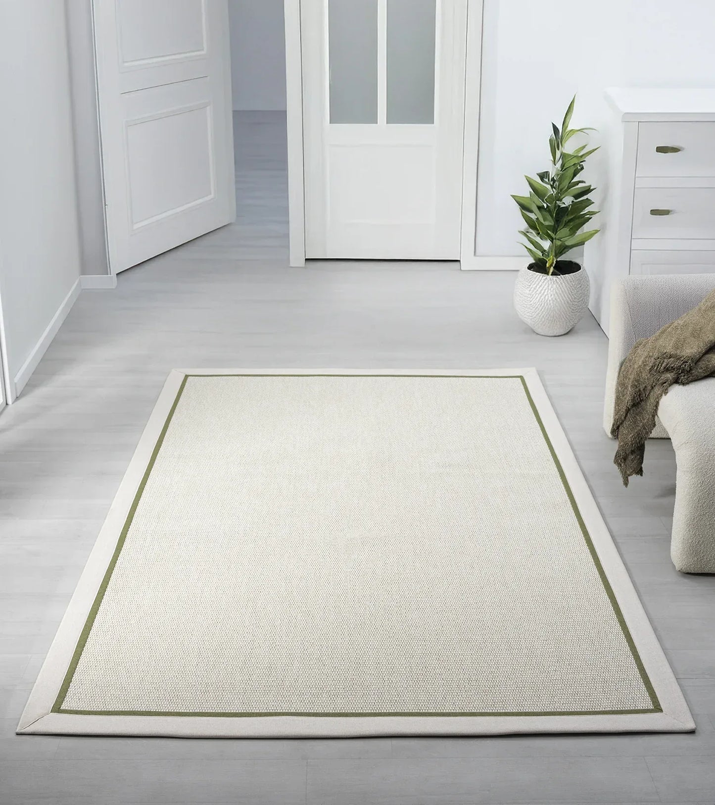 Krem Yeşil Çift Renk Kumaş Bordürlü Sisal Halı - El Yapımı, Dayanıklı, Modern Tasarım - HVHB10 - HALI VAGONU