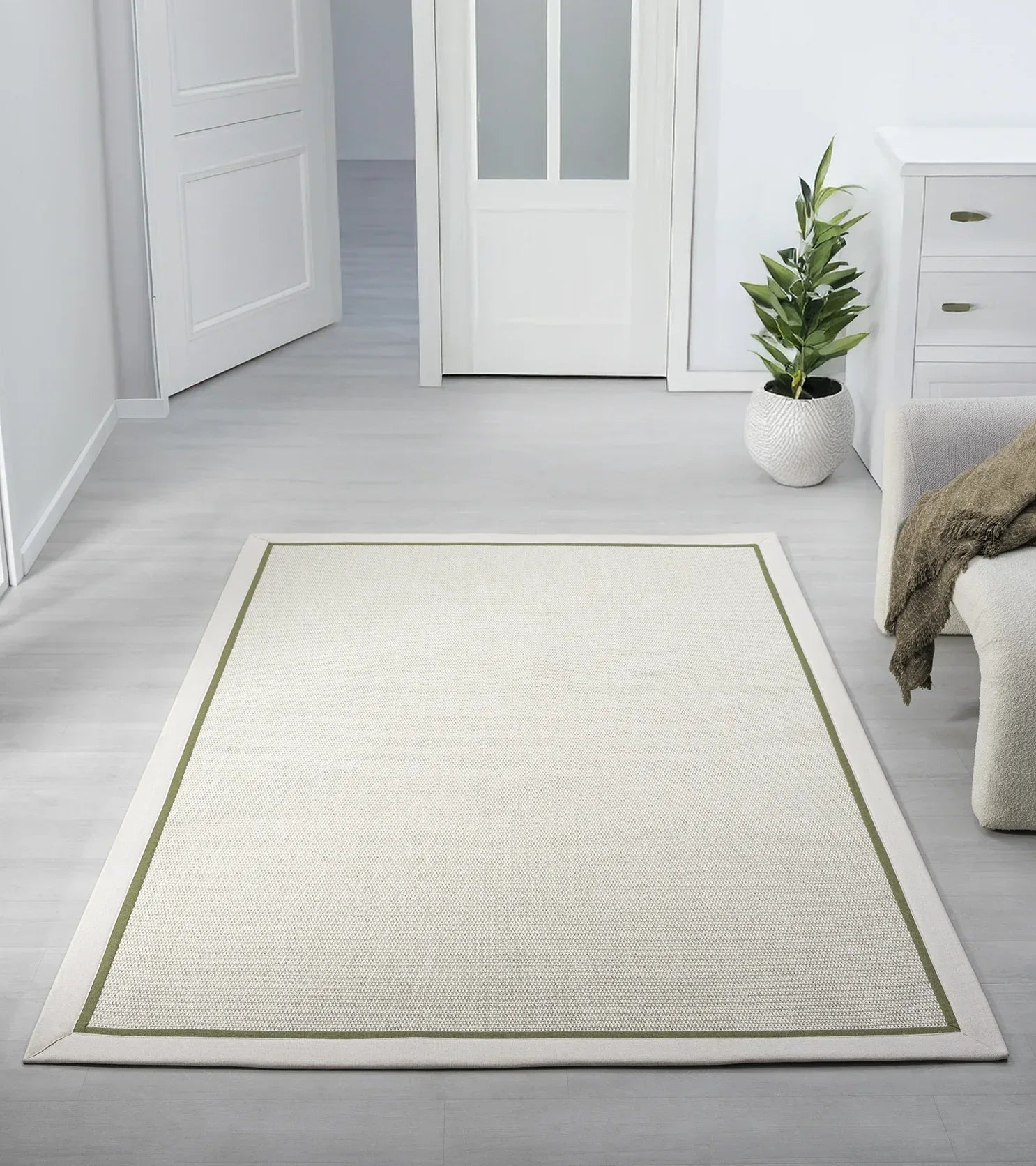 Krem Yeşil Çift Renk Kumaş Bordürlü Sisal Halı - El Yapımı, Dayanıklı, Modern Tasarım - HVHB10 - HALI VAGONU