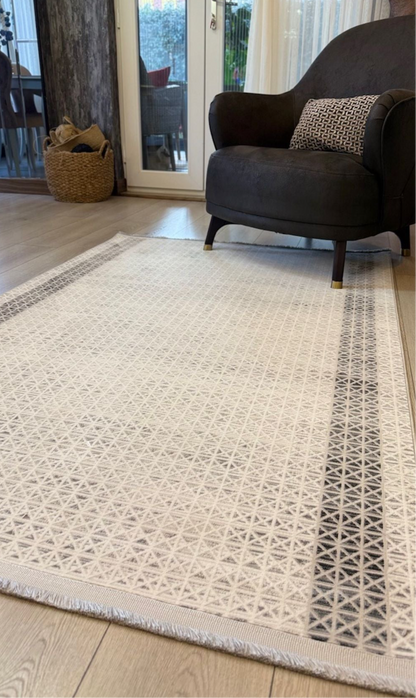 Halı Vagonu Zen Koleksiyonu ZEN03 Gri Beyaz İnce Yıkanabilir Kaymaz Tabanlı Makine Halısı