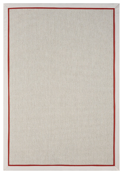 Sisal halının tam üstten görünümü, kırmızı kumaş bordürü ile minimalist tasarımın zarafetini yansıtıyor.