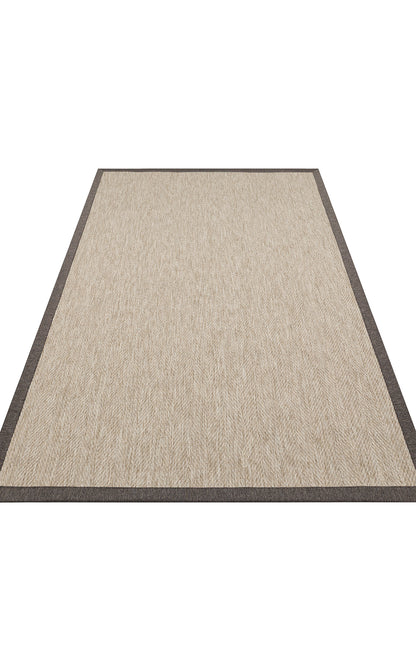 Kahve Kırçıllı Kumaş Bordürlü Balık Sırtı Desenli Bej Sisal Halı - El Yapımı, Dayanıklı, Modern Tasarım - ZHR_2704_L.Beige_BRD_Dark_Mix