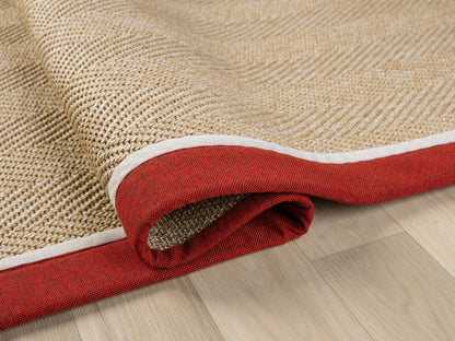 Kırmızı Kumaş Bordürlü Balık Sırtı Desenli Sisal Halı - El Yapımı, Evcil Hayvan Dostu ve Modern Tasarım - HVHB06 - HALI VAGONU