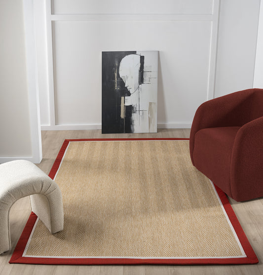 Kırmızı Kumaş Bordürlü Balık Sırtı Desenli Sisal Halı - El Yapımı, Evcil Hayvan Dostu ve Modern Tasarım - HVHB06