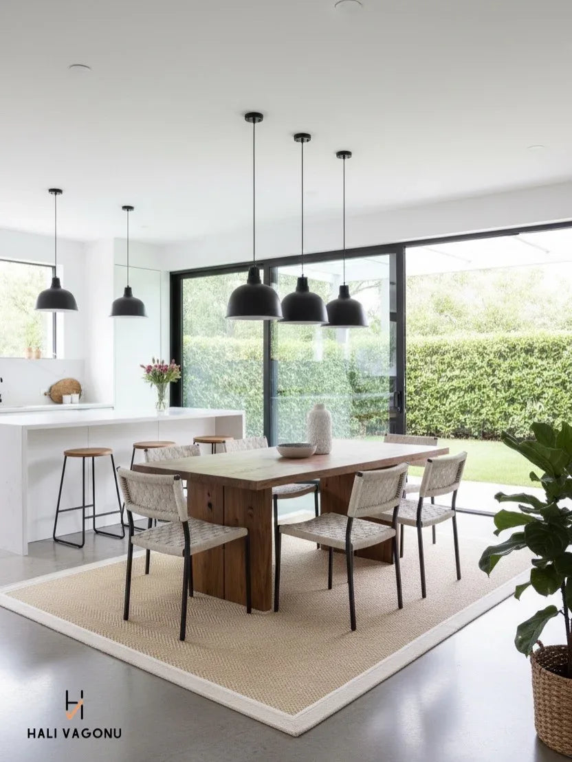 Krem Bej Çift Renk Kumaş Bordürlü Balık Sırtı Desenli Sisal Halı - El Yapımı, Evcil Hayvan Dostu ve Modern Tasarım - HVHB07 - HALI VAGONU