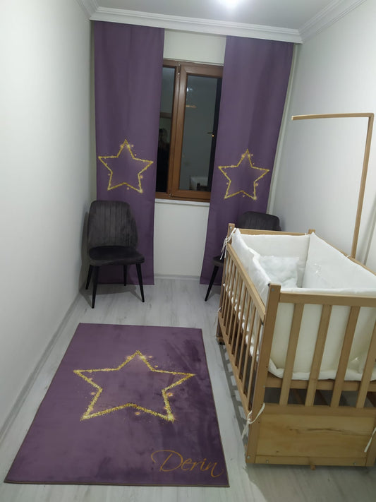HV396 Altın Yıldız Yağmuru Mürdüm Çocuk Halısı - Yumuşak, Kolay Temizlenebilir, 3 Kalite Seçeneği