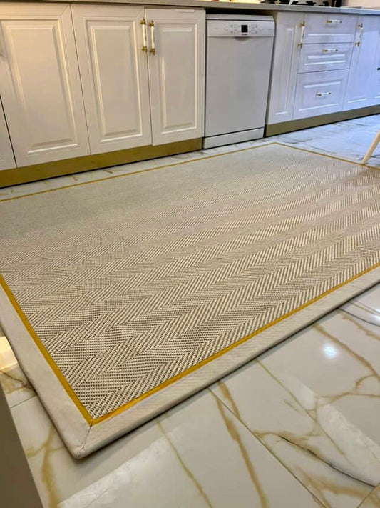 Krem Sarı Çift Renk Kumaş Bordürlü 665 Krem Sisal Halı - El Yapımı, Dayanıklı, Modern Tasarım - HVHB23