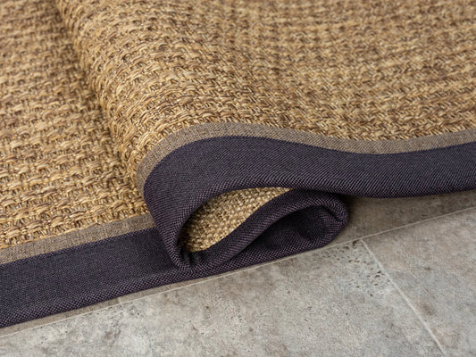 Mor Kahve Çift Renk Kumaş Bordürlü Sisal Halı - El Yapımı, Dayanıklı, Evcil Hayvan Dostu, Modern Tasarım - HVHB18 - HALI VAGONU
