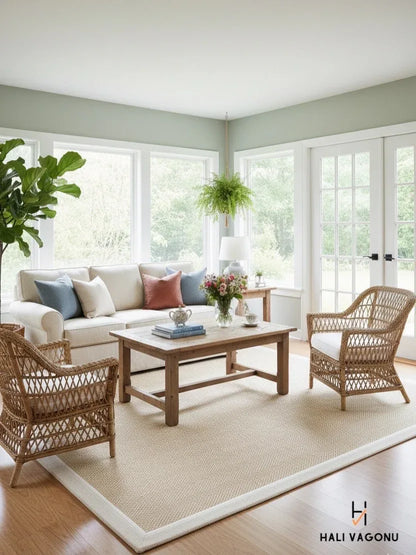 Krem Bej Çift Renk Kumaş Bordürlü Balık Sırtı Desenli Sisal Halı - El Yapımı, Evcil Hayvan Dostu ve Modern Tasarım - HVHB07 - HALI VAGONU