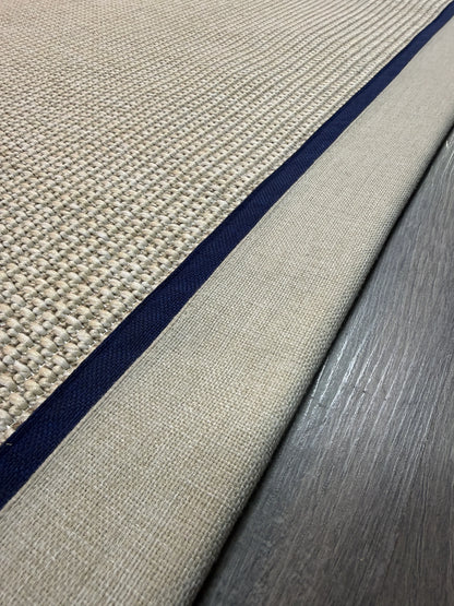 Himalaya Lacivert Bej Çift Renk Kumaş Bordürlü 664 Krem Sisal Halı - El Yapımı, Dayanıklı, Modern Tasarım - HVHB25 - HALI VAGONU
