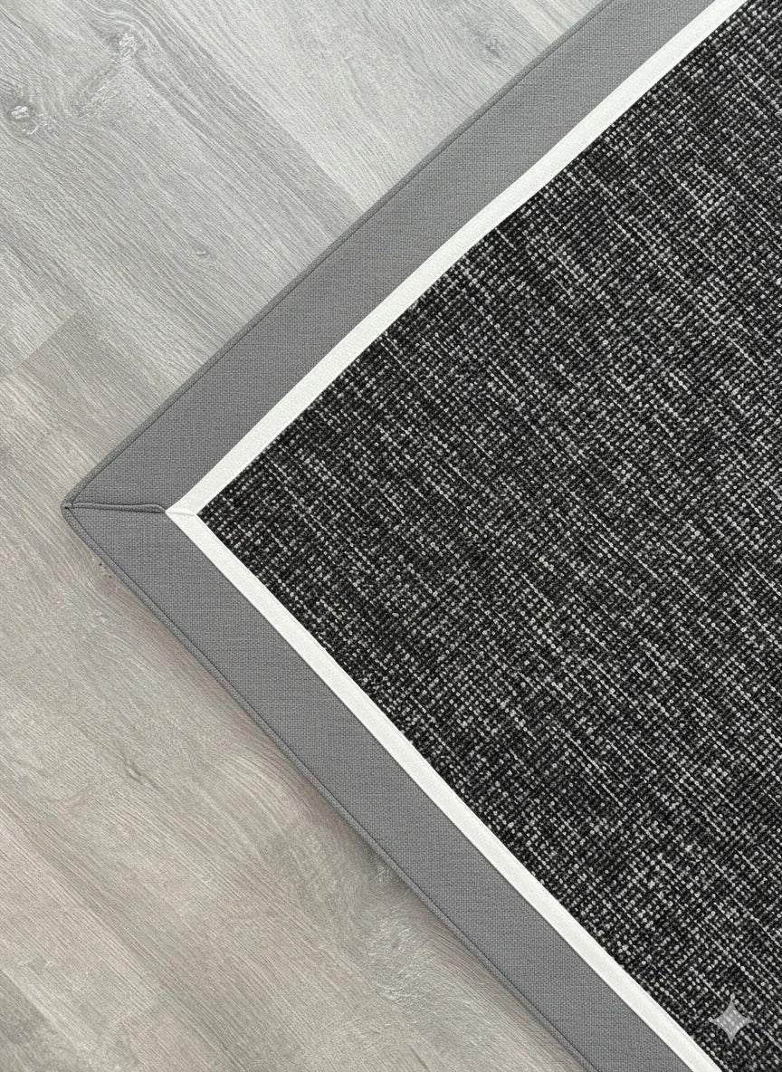 Gri Beyaz Çift Renk Kumaş Bordürlü Siyah Antrasit Sisal Halı - El Yapımı, Dayanıklı, Modern Tasarım - HVHB28 - HALI VAGONU