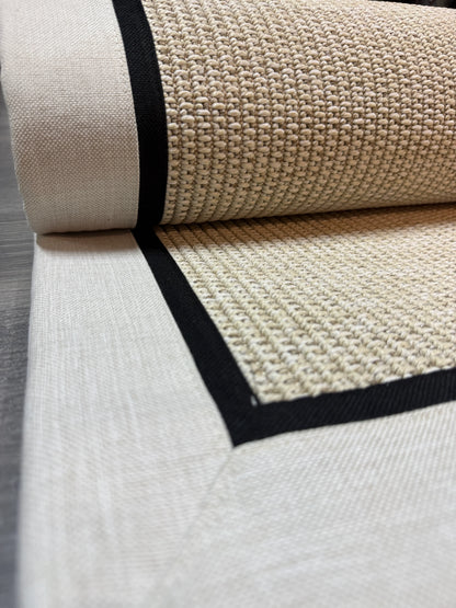 Himalaya Krem Siyah Çift Renk Kumaş Bordürlü 664 Krem Sisal Halı - El Yapımı, Dayanıklı, Modern Tasarım - HVHB26 - HALI VAGONU