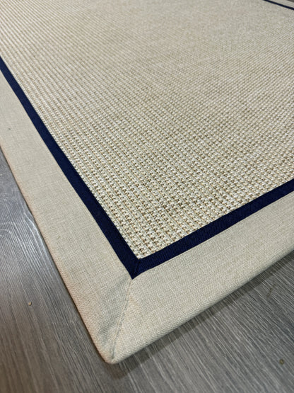 Himalaya Lacivert Bej Çift Renk Kumaş Bordürlü 664 Krem Sisal Halı - El Yapımı, Dayanıklı, Modern Tasarım - HVHB25 - HALI VAGONU