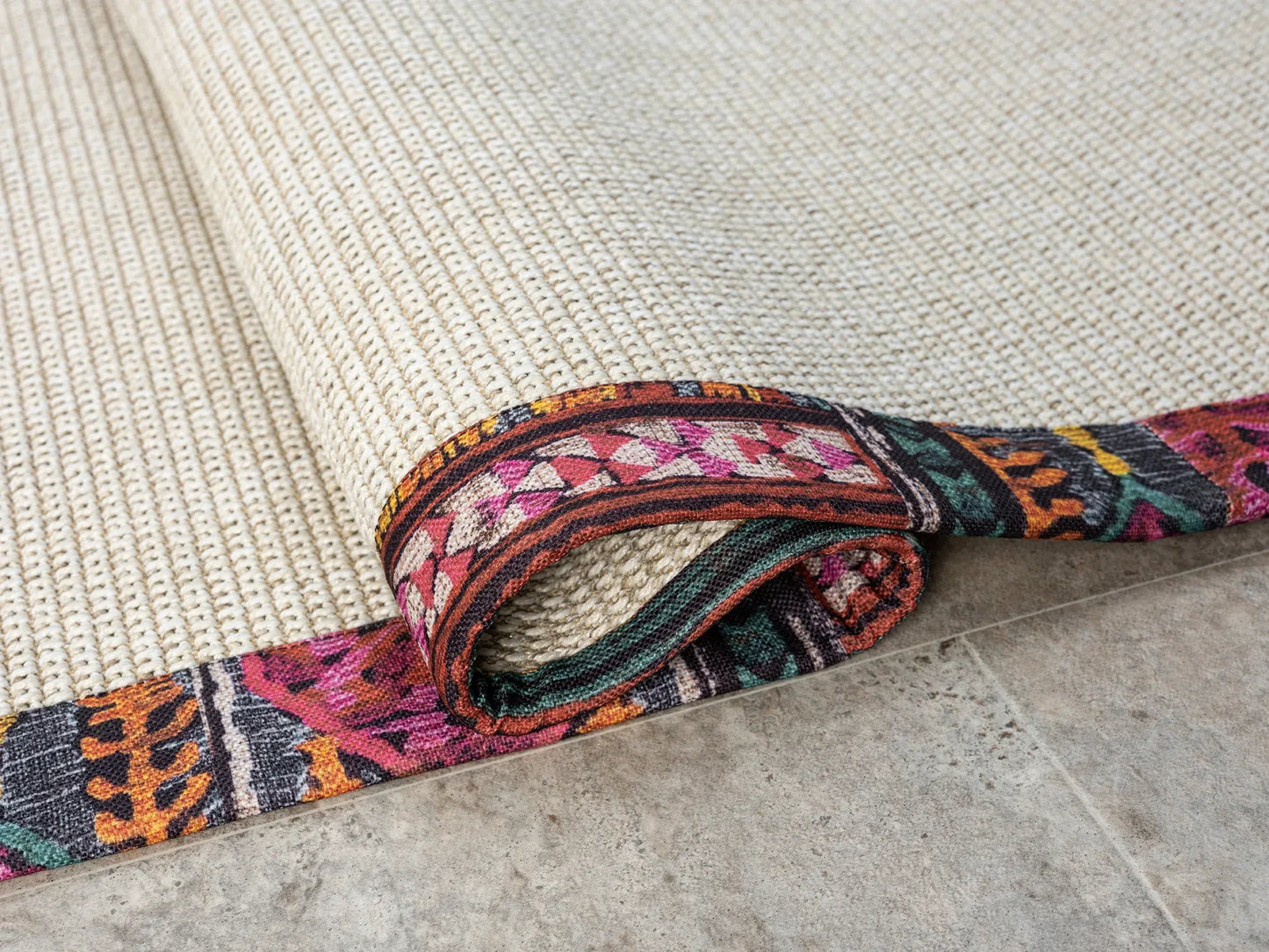 Multicolor Kumaş Bordürlü Sisal Halı, El Yapımı, Özel Ölçü ve Renkli Seçenekler - Evcil Hayvan Dostu - HVHB16 - HALI VAGONU