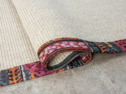 Multicolor Kumaş Bordürlü Sisal Halı, El Yapımı, Özel Ölçü ve Renkli Seçenekler - Evcil Hayvan Dostu - HVHB16 - HALI VAGONU