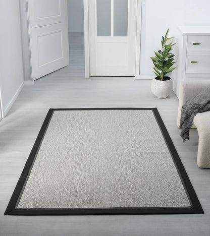 Siyah Gri Çift Renk Kumaş Bordürlü Sisal Halı - El Yapımı, Dayanıklı, Modern Tasarım - HVHB09 - HALI VAGONU