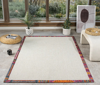 Multicolor Kumaş Bordürlü Sisal Halı, El Yapımı, Özel Ölçü ve Renkli Seçenekler - Evcil Hayvan Dostu - HVHB16 - HALI VAGONU