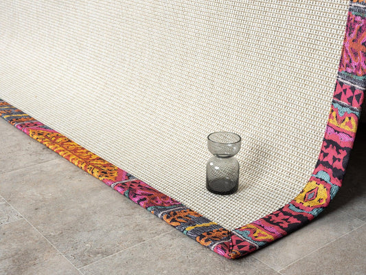 Multicolor Kumaş Bordürlü Sisal Halı, El Yapımı, Özel Ölçü ve Renkli Seçenekler - Evcil Hayvan Dostu - HVHB16 - HALI VAGONU