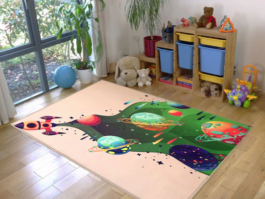 HV392 Uzay Aracı ve Gezegenler Çocuk Odası Halısı - Yumuşak, Kolay Temizlenebilir, 3 Kalite Seçeneği - HALI VAGONU