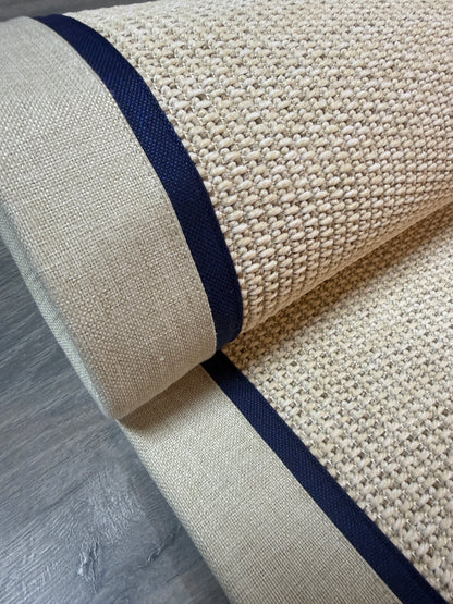 Himalaya Lacivert Bej Çift Renk Kumaş Bordürlü 664 Krem Sisal Halı - El Yapımı, Dayanıklı, Modern Tasarım - HVHB25