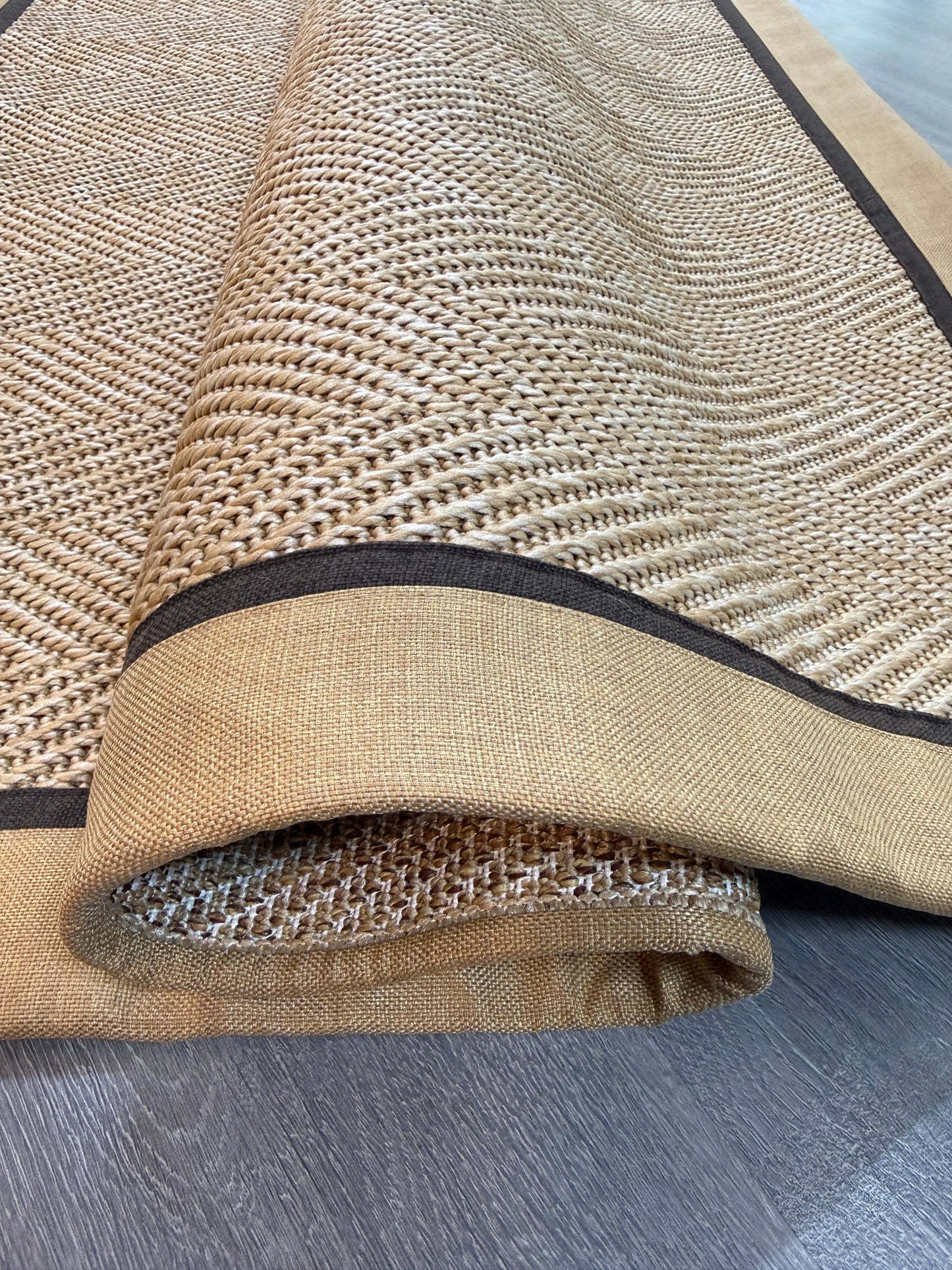 Himalaya 665 Bej Sarı Kahve Çift Renk Kumaş Bordürlü Sisal Halı - El Yapımı, Dayanıklı, Modern Tasarım - HVHB37