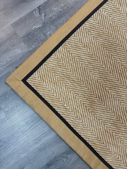 Himalaya 665 Bej Sarı Kahve Çift Renk Kumaş Bordürlü Sisal Halı - El Yapımı, Dayanıklı, Modern Tasarım - HVHB37