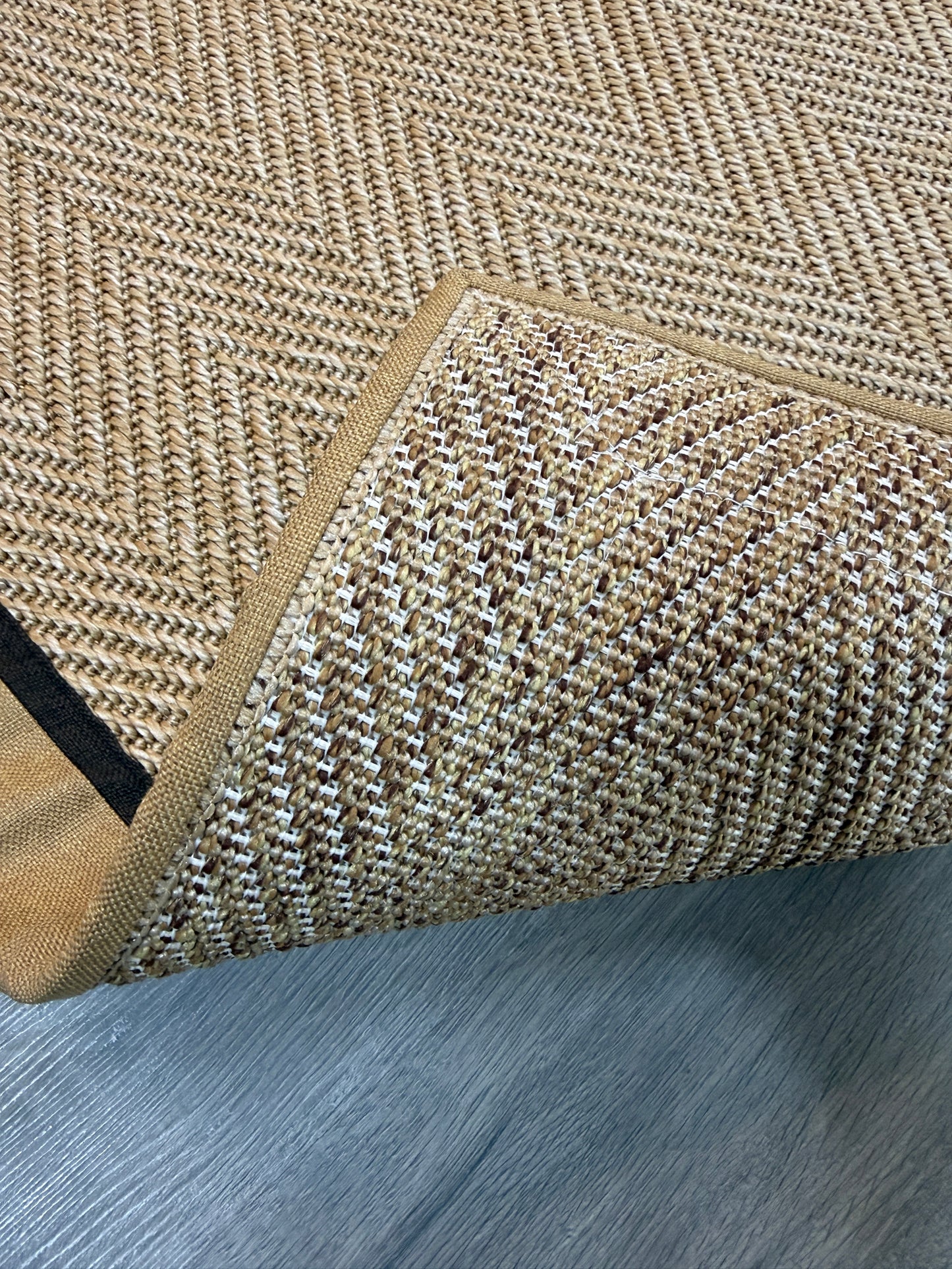 Himalaya 665 Bej Sarı Kahve Çift Renk Kumaş Bordürlü Sisal Halı - El Yapımı, Dayanıklı, Modern Tasarım - HVHB37