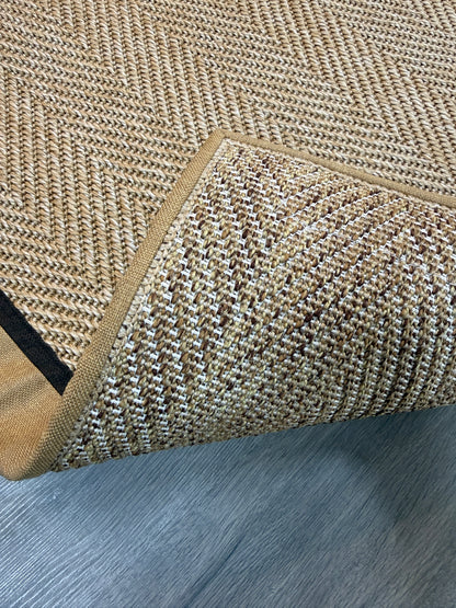 Himalaya 665 Bej Sarı Kahve Çift Renk Kumaş Bordürlü Sisal Halı - El Yapımı, Dayanıklı, Modern Tasarım - HVHB37