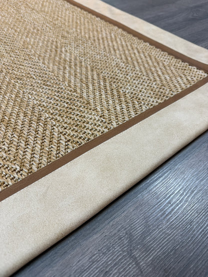 Himalaya Krem Kahve Çift Renk Deri Bordürlü 665 Bej Sisal Halı - El Yapımı, Dayanıklı, Modern Tasarım - HVHB30 - HALI VAGONU