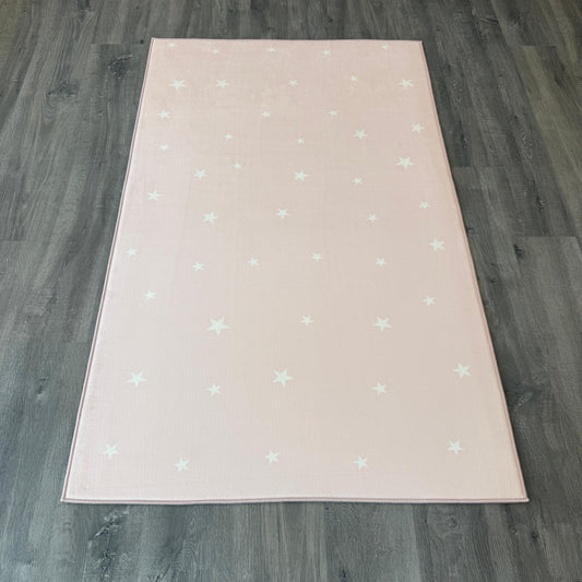 100x160cm 11mm Deri Tabanlı Beyaz Yıldızlı Pembe Çocuk Halısı