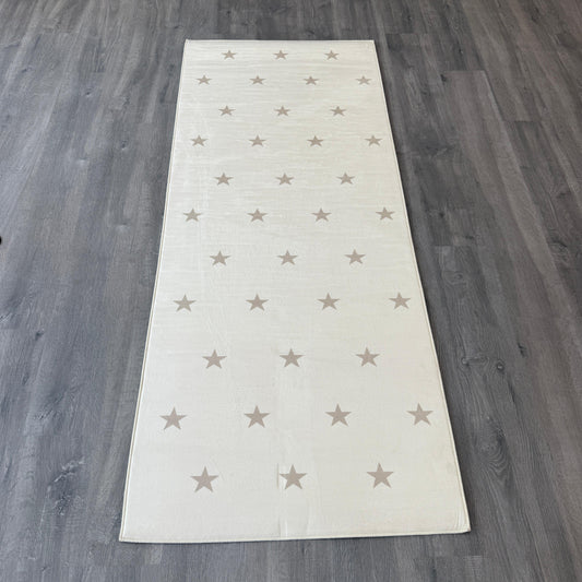 80x200 - 11mm Deri Taban Bej Yıldızlı Krem Çocuk Halısı
