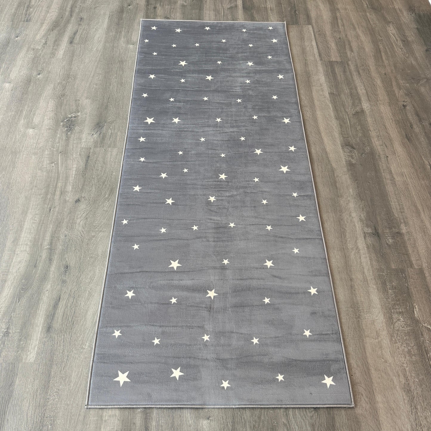 80x200 - 11mm Deri Taban Beyaz Yıldızlı Gri Çocuk Halısı